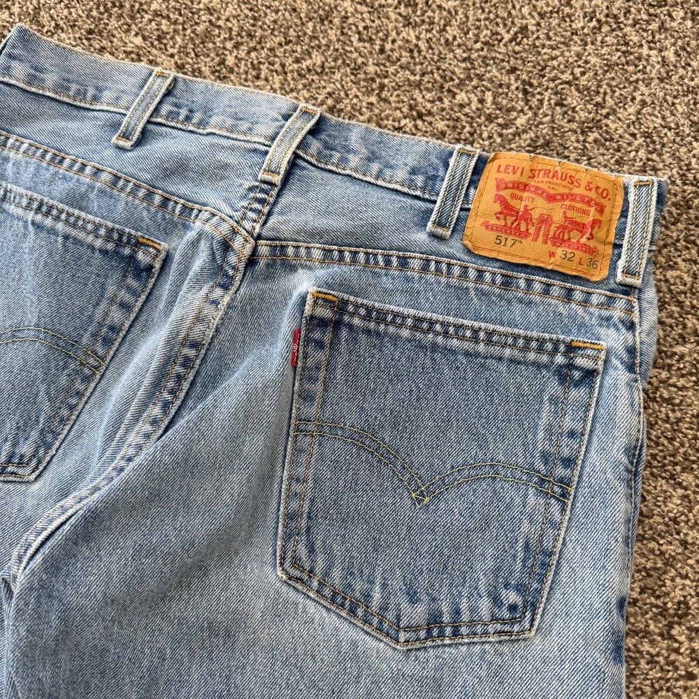 Levi's 517 Bootcut Men's 32x36 Blue Distressed Washout Denim Pants USA Classic